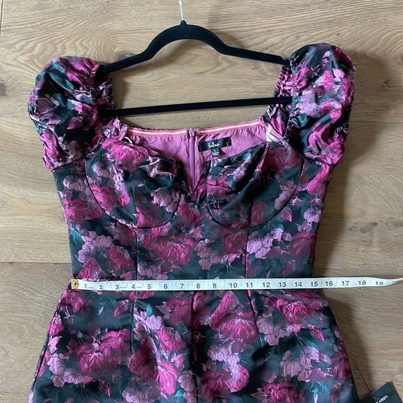 Lulus New Glam Black Floral Jacquard Bustier Off-the-Shoulder Jumpsuit Sz Large - Picture 8 of 14